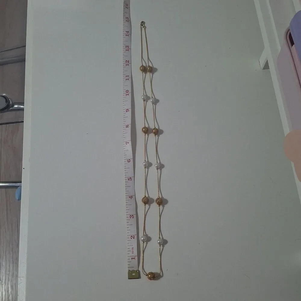 Single Strand Long Gold Tone Thin Chain Round Faux Pearl Beaded Necklace